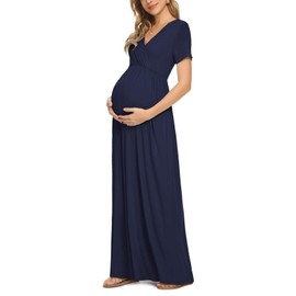 Xpenyo Maternity Dresses Women's Summer Casual Short Sleeve V Neck Wrap Long Maxi Dress Pregnancy Clothes for Baby Shower, Photoshoot, Party, Daily, Nursing, Navy Blue L