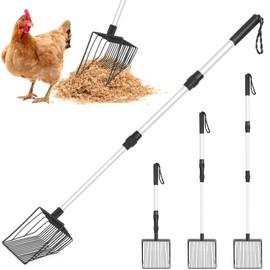 Chicken Poop Scooper & Rake, 3 in 1 Chicken Coop Scoop 23" to 42" Adjustable, Durable Metal Sifting Litter Shovel, Chicken Coop Accessories for Chickens Coop, Small Farm Animals, Cat Litter