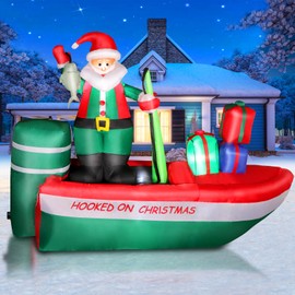 8FT Christmas Inflatables Santa Claus Fishing on a Boat with Colorful Gift Boxes, Giant Blow Up Santa Outdoor Decorations with Built-in Lights for Yard Lawn Garden Xmas Party Holiday Decor