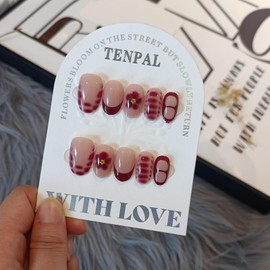TENPAL Short Oval Press on Nails | Wine French Tips Glue on Nails & Floral Croc-Embossed Designs False Nails | Reusable Y2K Rebel Chic Fake Nail Kit | Skin-Fit Minimalist Nail Art 24pcs with Tools