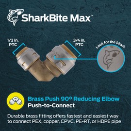 SharkBite Max 3/4 Inch x 1/2 Inch 90 Degree Reducing Elbow, Push to Connect Brass Plumbing Fitting, PEX Pipe, Copper, CPVC, PE-RT, HDPE, UR274A
