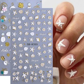 2 Sheets Ocean Nail Art Stickers Decals - WLGDLH Gold Floral Shell Nail Decals 5D Embossed Summer White Shell Starfish Design Nail Stickers Manicure Supplies for Women DIY Manicure Decorations