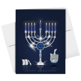 Happy Hanukkah Greeting Cards with Envelopes Set, Elegant Blue Menorah, Dreidel and Silver Coins Design for Religious Jewish Holiday Chanukah | 4.25 x 5.5” | 25 per Pack