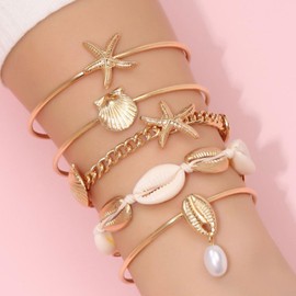 TACBSP Gold Shell Bracelet for Women Boho Starfish Seashell Pearl Stack Bracelets Layered Shell Starfish Bangle Bracelet Summer Beach Jewelry Gifts for Women (Gold A)
