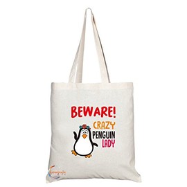 TB234 Beware Crazy Penguin Lady (B) Novelty Present Gift Printed Eco-Friendly Stylish Long Handled Tote Shoulder Bag