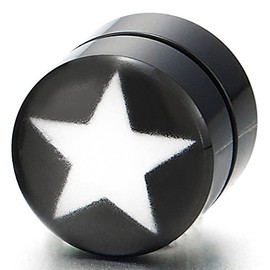 8 mm Star Magnetic Black Circle Men Women Click-on Fake Piercing Stud Earrings Fake Plugs Tunnel Gauges, Acrylic, No Gemstone