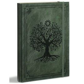 Leather Journal Notebook A5 Notepad Paper, 280 Pages Mens Journal College Ruled for Writing Work, 100GSM Hard Cover Notebooks Journaling for Women, 5.9" x 8.5" Lined with Index Stickers (Green Tree)