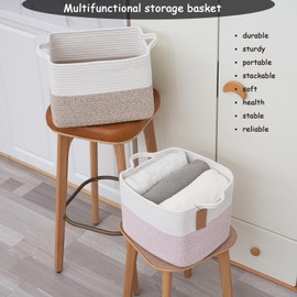 COMFY-HOMI 3PACK Cotton Rope Square baske with Handles for Shelves|Dog Toy baske Bin and Storage|Baby baske for Gift|Shoe baske for Organizing|13.5" x 11" x 9.5" for Living Room（White/Pink）