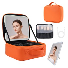 SUILU Travel Makeup Bag with LED Lighted Mirror,Travel Makeup Organizer, Makeup Bag with 3 Color Lighted Setting, Portable Storage and Adjustable Dividers Makeup Box(Orange)