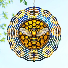 FLAGWIX Bee Wind Spinners Outdoor - 3D Stainless Steel Metal Wind Spinners 12 in - Bee Gifts Decorations for Home, House Outdoor Home Garden Decor for Outside