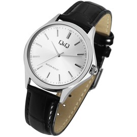Q&Q Men's Watch Faux Leather Strap Pin Buckle 3 Bar Analogue Quartz, Black Silver, Strap.