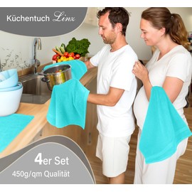Lashuma Linz Terry Tea Towels for Hands, Set of 4, Turquoise, 50 x 50 cm