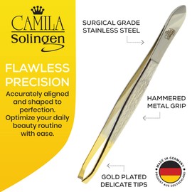 CS30 3.5 Inches Gold Tipped, Surgical Grade, German Stainless Steel Tweezers (Claw) - Flawless Eyebrow and Facial Hair Shaping and Removal for Men/Women