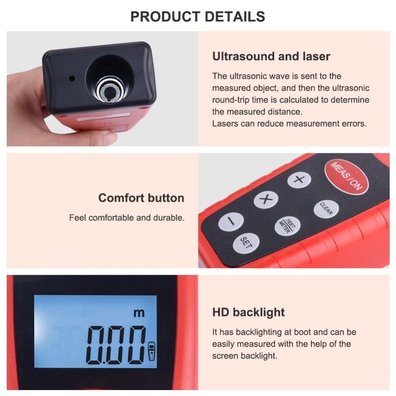 Distance Meter, 0.5-18M Digital Laser Ultrasonic Rangefinder, Portable Digital Measure