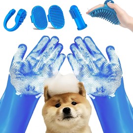 THJOPOKEEL 6 Piezas Pet Grooming Set - Dog Bath Brush + Kit de Guantes de Limpieza (Incluye Cepillo de champú + Cepillo de Dientes) - Herramienta de baño y Aseo Universal para Gatos y Perros.
