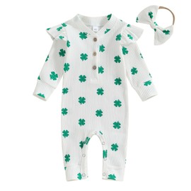 Chloefairy Newborn Baby Girl St. Patrick's Day Outfit Shamrock Ruffle Long Sleeve Romper Infant Irish Ribbed Jumpsuit Headband (White, 3-6 Months)