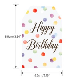 G2PLUS Happy Birthday Gift Tags - 50PCS Colorful Dots Paper Tags with String - 8.5x5.5CM Personliazed Birthday Labels for Gift Wrapping,Birthday Party Decoration