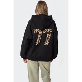 Leopard 77 Oversized Hoodie - Color: BLACK, Size: S