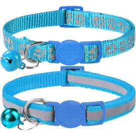 Taglory Reflective Cat Collar Breakaway with Bells, 2 Pack Girl Boy Pet Cat Collar Adjustable 7.5-12.5 Inch, Sky Blue