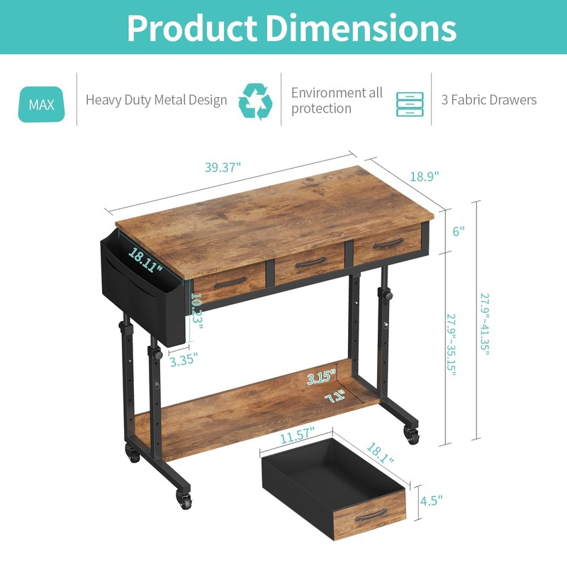 Rolling Standing Desk Adjustable Height with Drawers on Wheels, 40