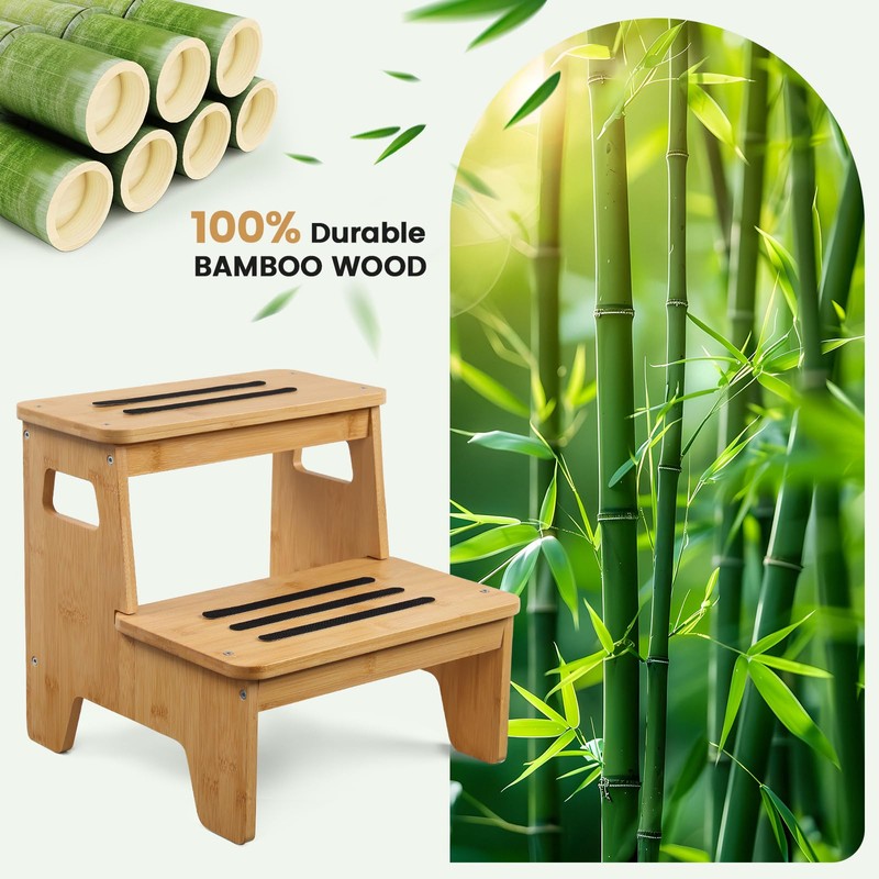 Wooden Step Stools for Kids, Heavy Duty Bamboo 2-Step Stepping