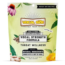 Vocal Eze Herbal Throat Coat Tea | 24 Servings | 9 Botanical Voice Soothing Ingredients | Ginger Flavor with Slippery Elm, and Propolis Powder Blend | Voice, Cough and Respiratory Support | 60 g