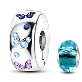 HappyStar 925 Sterling Silver Stopper Beads with 5A Cubic Zirconia Clip Charms for Bracelets Space Bead Christmas's Day Gifts for Women(With One Space Bead)