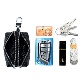 Guolich Car Keychain Case Double Zipper Leather Key Coin Holder Leather Key Case with Hook Multifunctional Mini Coin Purse Portable Keychain Bag, black