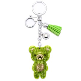 AuPra Green Teddy Bear Tassel Women KeyRing Gift Idea Lady Girlfriend Crystal Bling Clips Animal KeyChain Mum Friendship Small Surprise Rhinestone Present Home Car Bag Key Chain Ring
