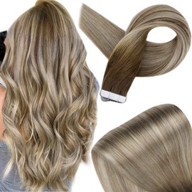 Fshine Ombre Tape In Extensions Dip Dyed Hair 20 Inch Color 3 Fading To 6 and 22 Blonde Balayage Remy Hair Skin Weft Extensions 20 Pcs 50 Grams