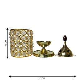 Home Genie Brass Crystal Jyot Diya, 3-Piece Decorative Oil Lamp with Crystal Cut Design & Star-Cut Lid for Pooja, Aarti & Gifting, 7.5 cm Width, 15 cm Height, 240 g