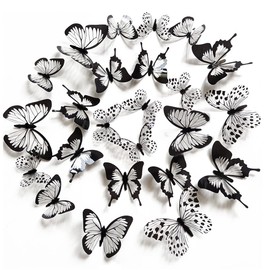 48 Pieces 3D Butterflies Black White Wall Stickers Butterfly Wall Stickers Decor Removable Butterfly Stickers Hollow Wall Stickers DIY Wall Art for Home Decoration Children's Room Bedroom Decoration