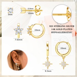 Dochais 3 Pairs of Earrings Silver 925 Set for Women 14K Gold-Plated Small Stud Earrings Silver 925 Stackable Zirconia Helix Piercings Ear Gold Stud Hoop Earrings Set for Multiple Piercings, Cubic