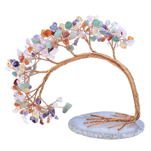 Yatming Tumbled Colorful Stone Money Tree with Agate Slice Base Feng Shui Crystal Bonsai Tree Desk Decoration for Home Office, 4.5"-5.2"