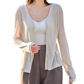 Dep Club Women's Thin Cardigan Cardigan, Autumn, Long, Thin, Long Sleeve, Solid, Autumn Clothing, UV Protection, UV Protection, Cooling, beige