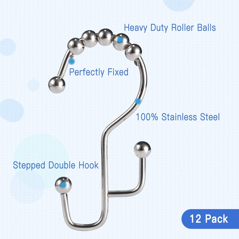 SUTINE Shower Curtain Hooks, 12 Pcs Double Shower Curtain Hooks