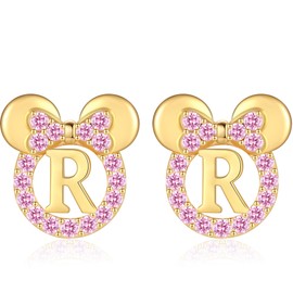 Sterling Silver Earrings for Girl Women: Hypoallergenic Initial R Earrings with Pink Cubic Zirconia Gold Cute Earrings Studs for Sensitive Ears Chirstmas Birthday Gifts