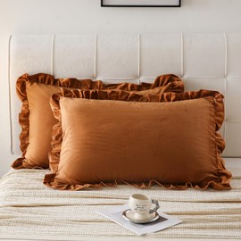 Move Over Velvet Ruffle Pillowcases Caramel Pillowcases Queen Golden Camel Velvet Pillow Coves Camel Ruffle Fringe Design Luxurious Pillow Cases with Pocket Closure Set of 2