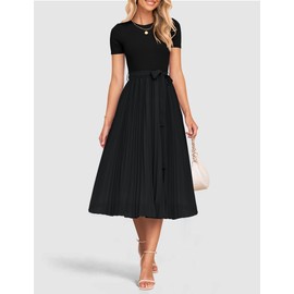 ZESICA Womens 2025 Summer Short Sleeve Midi Dresses Casual Crew Neck Knit Belted Pleated A Line Flowy Wedding Guest Dress,Black,Small