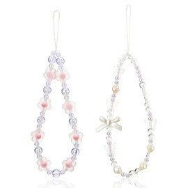 2PCS Beaded Phone Wrist Strap, Crystal Butterfly Flower Pearl Phone Beaded Wrist Strap, Beads Phones Bracelet Straps for Women, Cellphone Bracelet Lanyard for Most Smartphones (White, Pink)