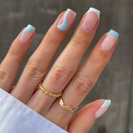 24 Pcs Swirl Square False Nails Short, Pale Blue French Press on Nails, Wavy Fake Nails with Nail Glue, Stick on Nails for Women, Nail Art