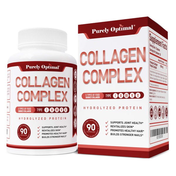 Purely Optimal Premium Multi Collagen Peptides Capsules (Types I, II, III, V, X) - Hair, Skin and Nails, Digestive & Joint Health Supplement, Hydrolyzed Collagen Pills (90 Capsules)