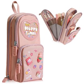 FULHANY Aesthetic Pencil Case - Pencil Case Girls 3 Compartments - School Case - Pink Pencil Case with Decorative Patches, Perfect School Material for Students