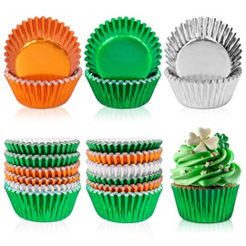 Whaline 150Pcs St. Patrick's Day Foil Cupcake Liners Silver Green Orange Foil Metallic Baking Cup Standard Muffin Cupcake Wrappers for Party Supplies