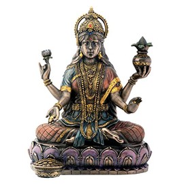 Bronze Hindu Goddess Lakshmi On Lotus Hinduism Display Statue