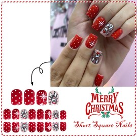 Christmas Press on Nails Red Short Square Fake Nails with Design Cute Elk False Nails Press ons Snowflake Stick on Nail Full Cover Winter Glue on Nail Reusable Christmas Nails for Women Manicure 24Pcs