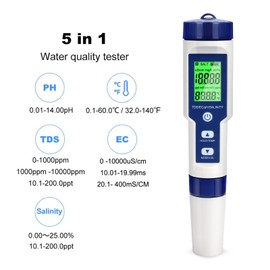 GuDoQi GuDoQi Digital PH Meter, 5 in 1 Water Quality Tester with Backlight, PH/TDS/EC/Salinity/Temp Meter with ATC, 0.01 Resolution High Accuracy Pen Type Tester, for Aquarium, Spas, Drinking Water