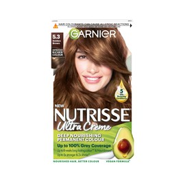 Garnier Nutrisse Ultra Crème Vegan Hair Dye, 5.3 Golden Brown. For 100% grey coverage and warm, shimmering 8-week colour. This no-ammonia, vegan formula gives your hair a beautiful golden glow.