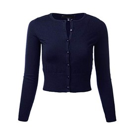 FLORIA Cárdigan corto de punto con cuello redondo y botones para mujer (S-XL), Fm5502_azul marino, L