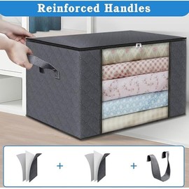 Large Storage Bags 90L, 6 Pack Clothes Storage Bins Foldable Closet Organizers Storage Containers with Reinforced Handle for Clothing, Bedding and Toys Fabric Clear Window, bags with Zipper (Grey)